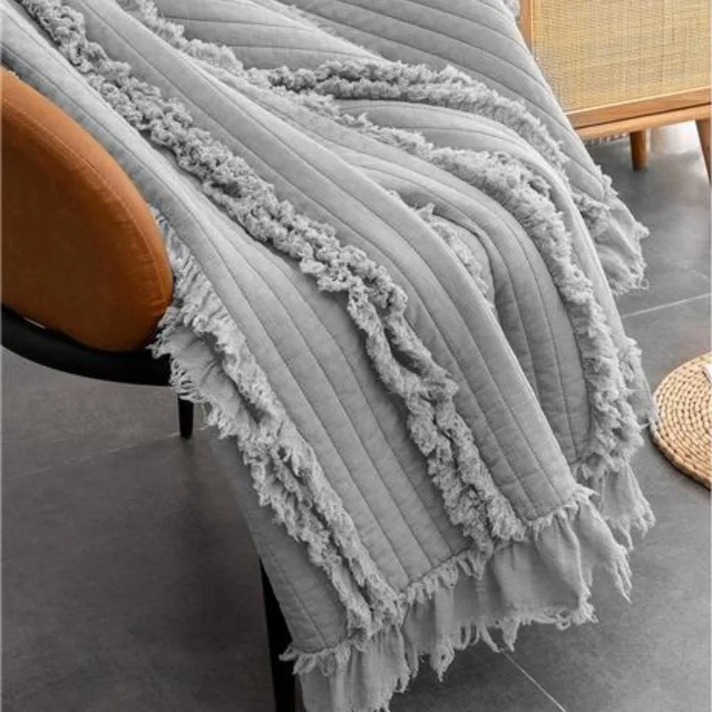 Farmhouse Throw Blanket Boho Cottage Decor Soft Decorative Grey Quilted Cover